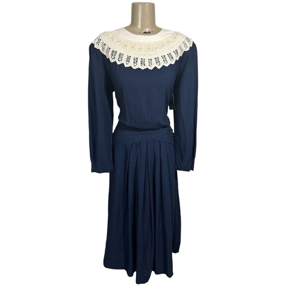 Vintage 80s Kathy Lee Victorian Style Modest Maxi Dress Sz 12 Prairie Navy Blue